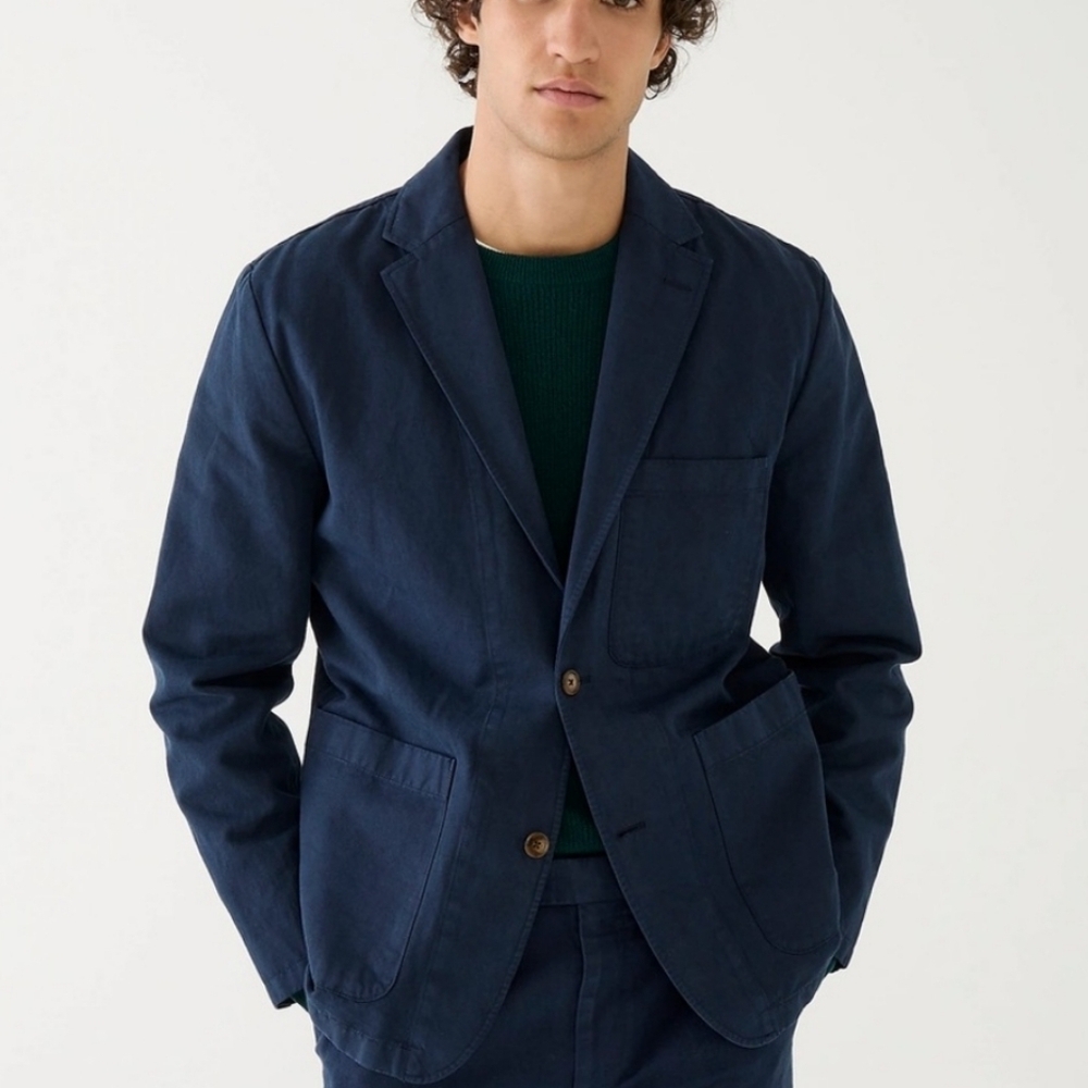 NWT J. Crew Linen Cotton Navy Blue  Garment-dyed Chino Suit Jacket Blazer Sz 38